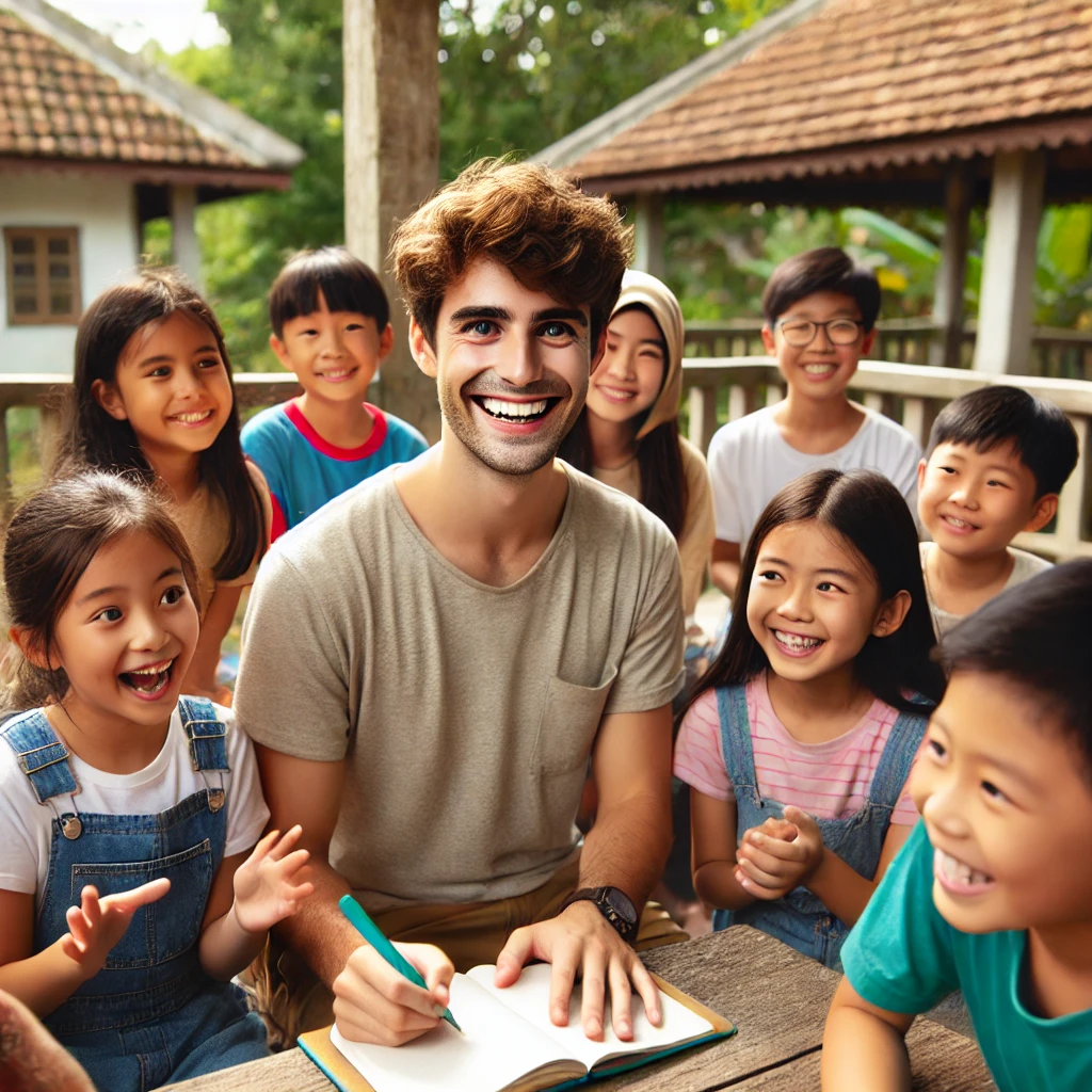 DALL·E 2024-07-05 14.50.54 - A joyful outdoor TEFL_TESOL class with young students being taught by a young adult teacher, set in an Asian country. The students are of mi